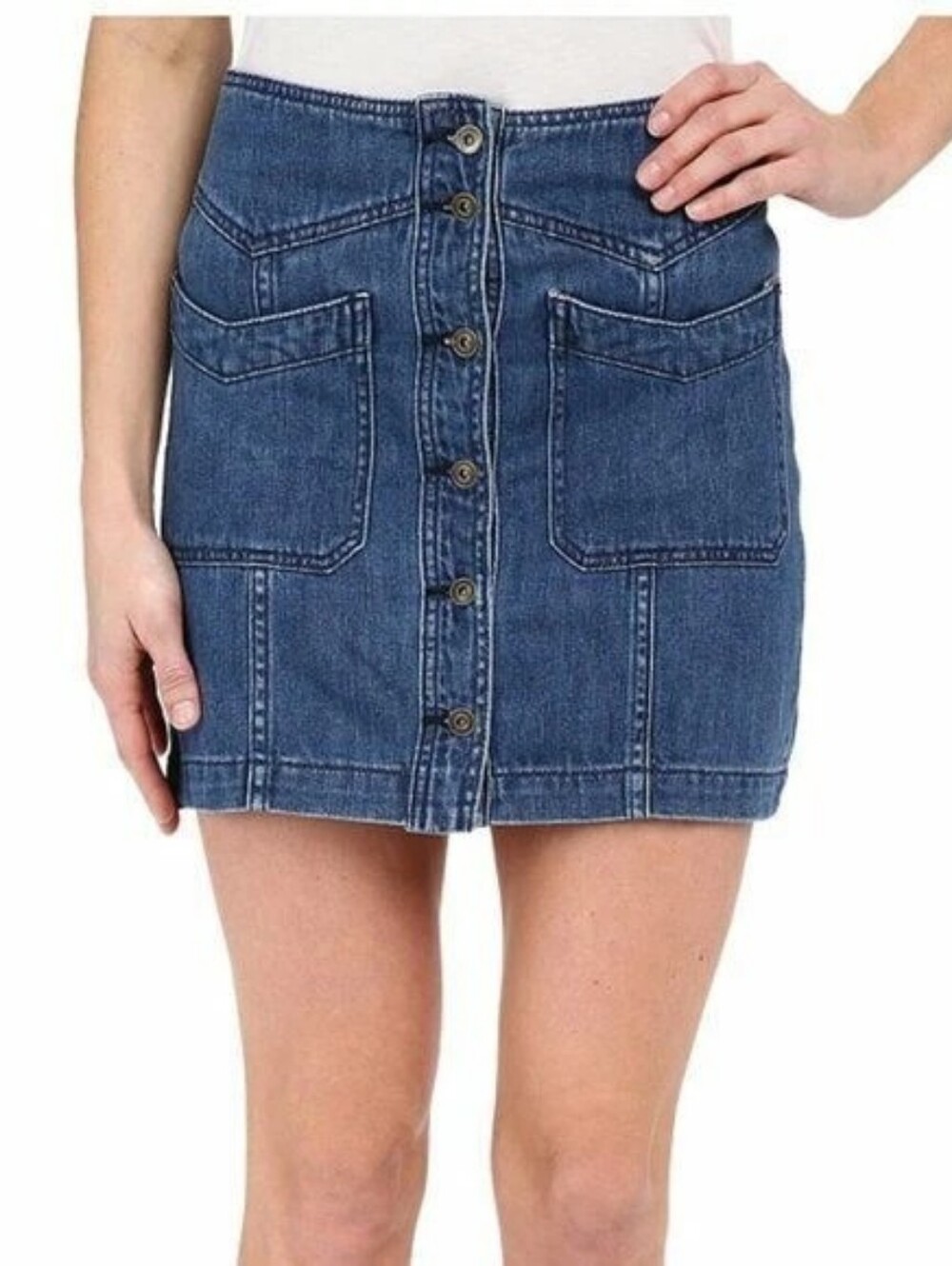 Free People Come a Little Closer Denim Jean Button Front Mini Skirt Size 2 - Picture 5 of 13